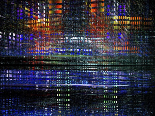 Virtual reality or sci-fi background. Street of surreal city. Bright colorful grid with perspective effect. Fractal - abstract 3d illustration. For covers, desktop wallpaper, posters