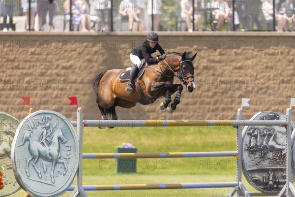 Katie Laurie of Australia and riding Django II, compete in the 1.60m Grand Prix during The Continental international competition at Spruce Meadows, in Calgary, Canada, North America
