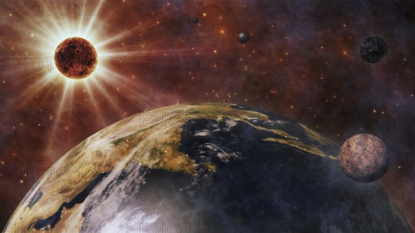 Planet Earth, The Sun, The Moon and Planets In Space