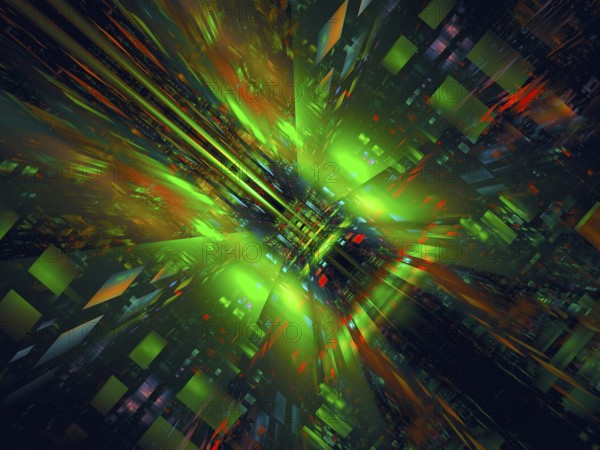 Abstract dark green computer-generated 3d illustration in tech style. Fractal art: glossy walls consist of glowing blocks. IT or VR concept background