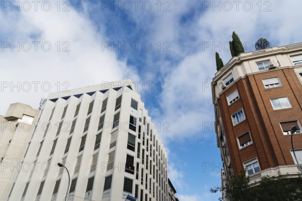Madrid, Spain, November 2, 2019: Luxury residential and commercial buildings in Oertega y Gasset Street in Salamanca district