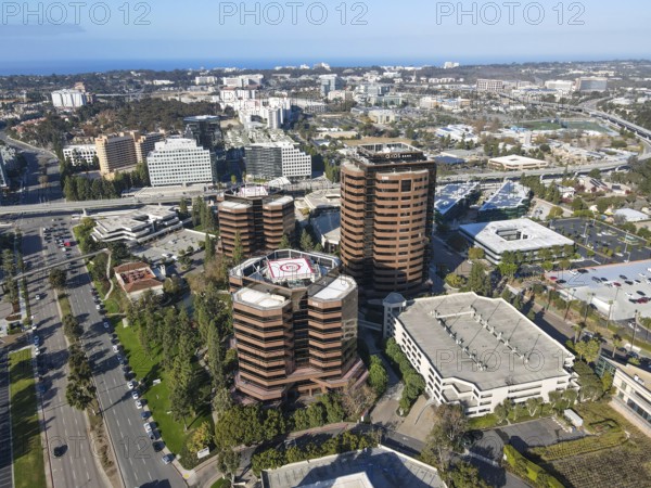 Aerial view of business office building in University City large residential and commercial district, San Diego, California, USA. December 1st, 2020
