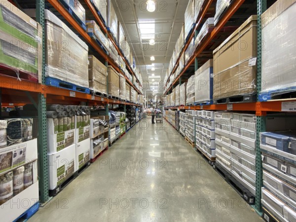 Ailse in a Costco store different products. Costco Wholesale Corporation is the largest membership-only warehouse club in US. San Diego, USA, April 4th, 2020