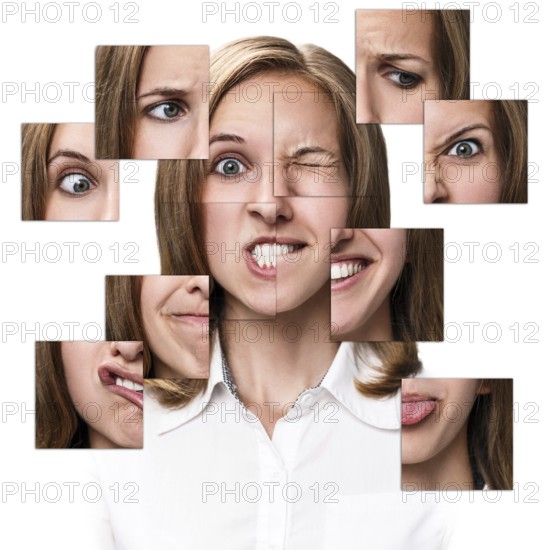 Collage of emotional woman face collected from different parts. Isolated on white