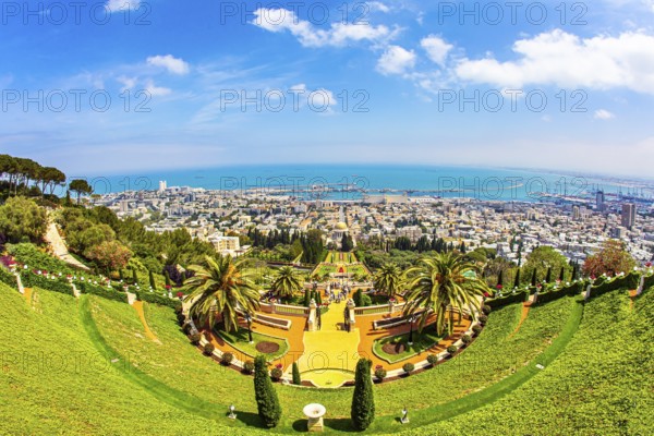 HAIFA, ISRAEL - MAY 6, 2017: Bahai World Center. View from Mount Carmel to the seaport of Haifa. Pilgrimage center and popular tourist destination. Sunny day by Mediterranean Sea
