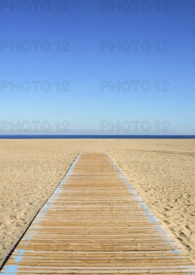 Wooden pathway leading to the beach and sea. Summer scene with clear blue sky