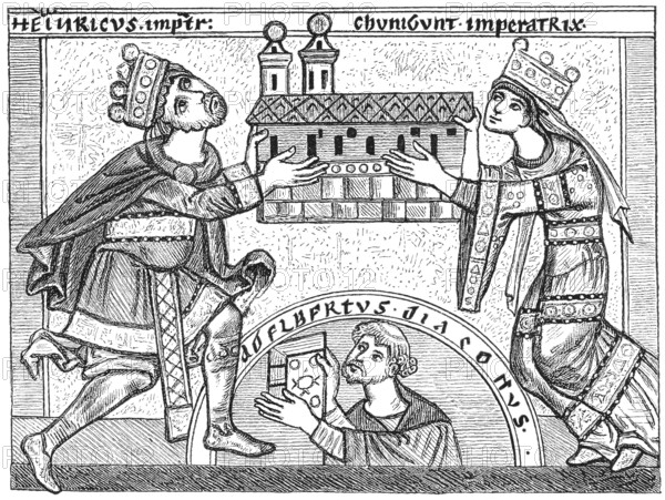 King Henry II and his wife Saint Cunigunde of Luxembourg founding the Bamberg Cathedral, Bamberg, Germany