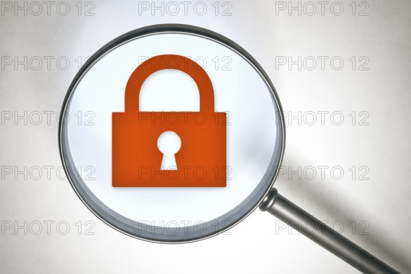 3d rendering of a magnifying glass and a lock sign