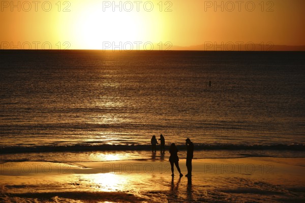 A golden-coloured sunset on a beach with the silhouettes of a family