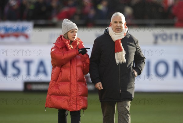 Football match, Dirk ZINGLER President 1.FC Union Berlin right with Union companion pointing with left index finger at him, Voith-Arena, Heidenheim, Germany
