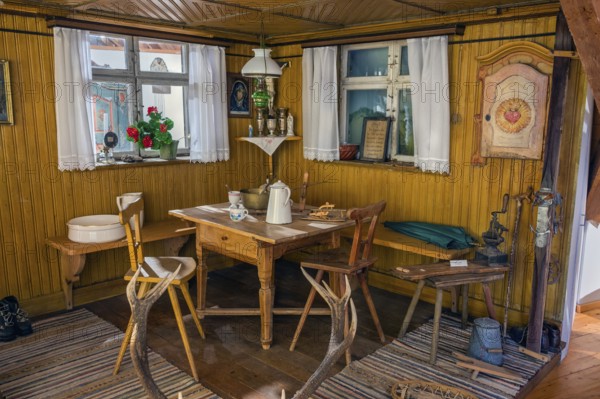 Farmhouse parlour with Herrgottswinkel, local history museum, Wiggensbach, Allgäu, Swabia, Bavaria, Germany