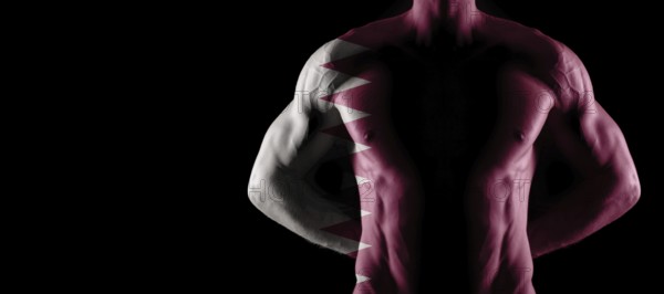 Qatar flag on muscled male torso with abs, black background