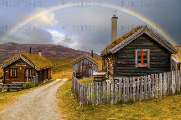 Old house with grass roof, weekend house, boathouse, rainbow, Viksfjorden, Norway Viksfjorden, Norway