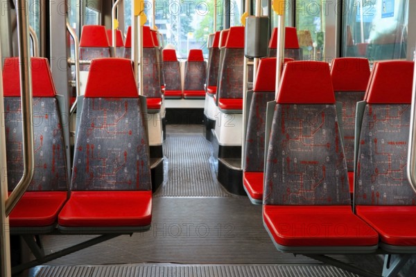Interior of Helsinki tram, empty seats with no people. Helsinki, Finland. July 3, 2020