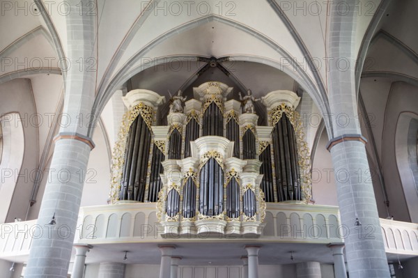 The baroque organ of the Catholic parish church of St. Johannes Baptist, Borgentreich, Höxter district, North Rhine-Westphalia, Germany