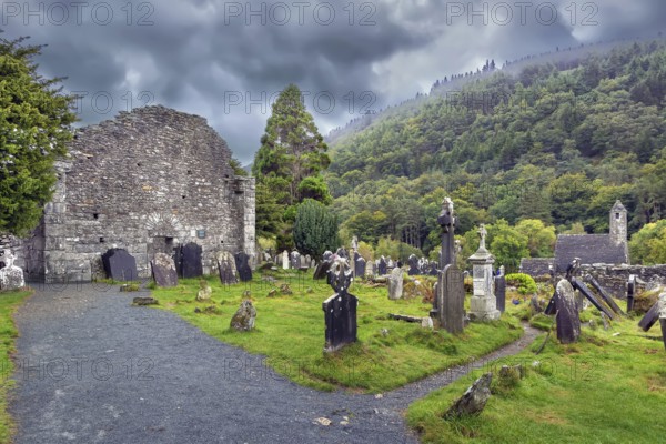 Cemetery with gravestones in Glendalough, Ireland