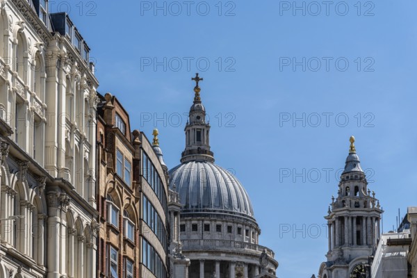 Low angle view of the Dome of St Paul Cathedral from Ludgate Hill against sky