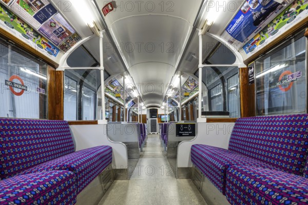 Interior of a London underground tube train retired from the Island Line railway in the Island's Railway museum, Isle of Wight, England, United Kingdom