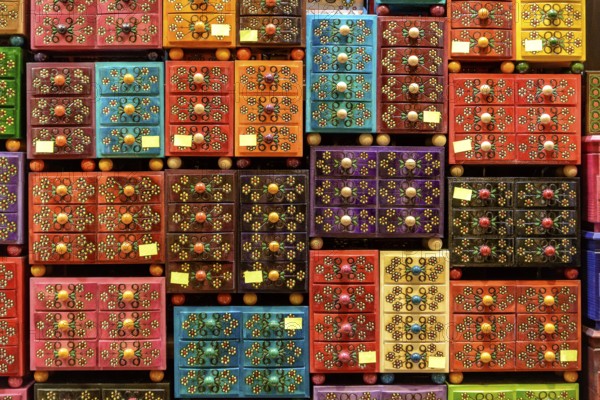 Small, colourful wooden crates at a market in Krakow, Poland