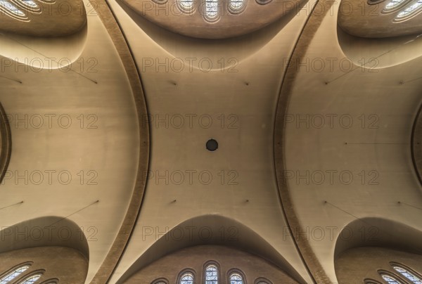 Jette, Brussels Capital Region, Belgium, 10 10 2019 Modern Gothic interior design of theceiling of Our Lady of Lourdes Roman Catholic church