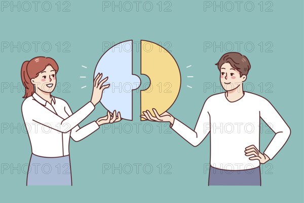 Happy businesspeople connect pieces of jigsaw find solution together. Smiling employees look for solution. Teamwork and problem solving. Flat illustration