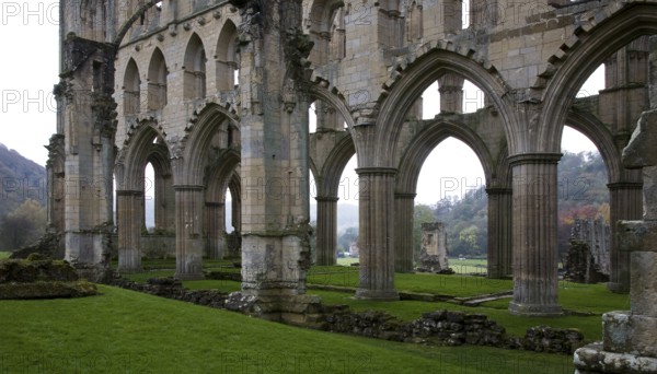 Choir arcades. Ruins of Rievaulx Abbey. The Cistercian abbey was founded in 1132 and dissolved by Henry VII in 1538