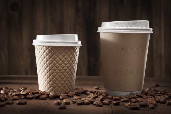 Hot Fresh Brewed Flavored Coffee. Two Classic Brown Papercups. On Vintage Wooden Background With Coffee Beans
