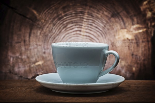 Big white coffee cup for capuchino on vintage wood background with cross cut of tree trunk