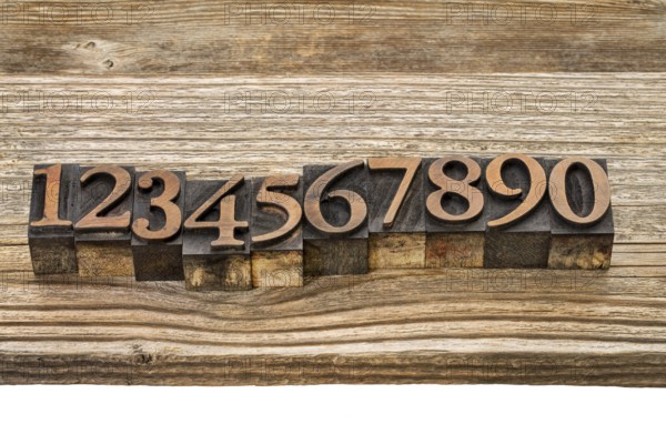 Number abstract in vintage letterpress wood type against grained wooden plank