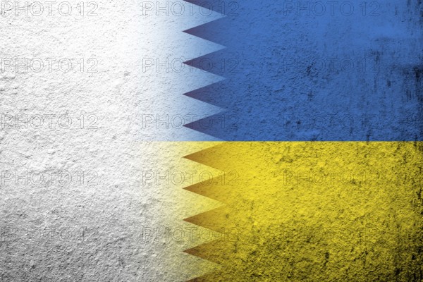 The State of Qatar National flag with National flag of Ukraine. Grunge background