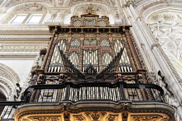 La Mezquita, Mosque, Cathedral of Cordoba, Cordoba, Andalusia, Spain, Europe, Large baroque organ with richly decorated pipes, an impressive work of sacred architecture