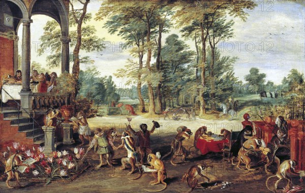 Brueghel's satirical comment reflects the collapse of 'Tulipomania' in the 1640s. In the painting, speculators are depicted as brainless monkeys in contemporary upper-class dress. In a commentary on the economic folly of Tulipomania, one monkey urinates on the previously valuable plants, others appear in debtor's court and one is carried away to the grave.<br/><br/> Tulip mania or tulipomania (Dutch names include: tulpenmanie, tulpomanie, tulpenwoede, tulpengekte and bollengekte) was a period in the Dutch Golden Age during which contract prices for bulbs of the recently introduced tulip reached extraordinarily high levels and then suddenly collapsed.<br/><br/> At the peak of tulip mania, in February 1637, some single tulip bulbs sold for more than 10 times the annual income of a skilled craftsman