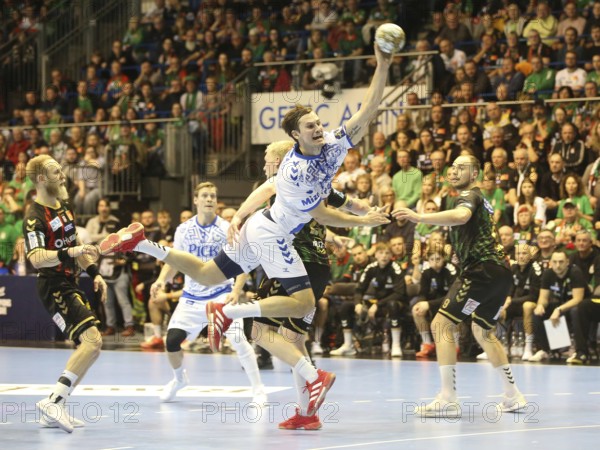 Magnus Abelvik Raed (Pick Szeged, 77) and Magnus Saugstrup (SCM, 23) Handball EHF Champions League Season 2024-25 Group B on Matchday 14 SC Magdeburg - Pick Szeged, Magdeburg, DE