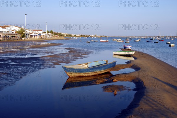 Boat on the Rio Piedras river, beach in El Rompido, Cartaya, Costa de la Luz, Huelva, Andalusia, Andalucia, Spain