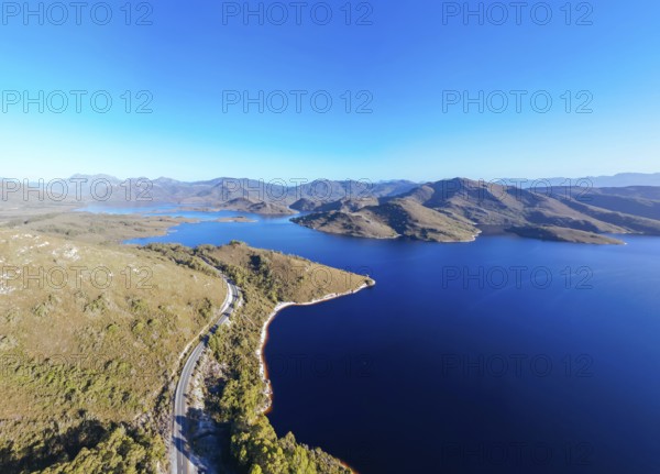 Aerial landscape of Lake Pedder on a hot summer's afternoon in Southwest National Park, Tasmania, Australia