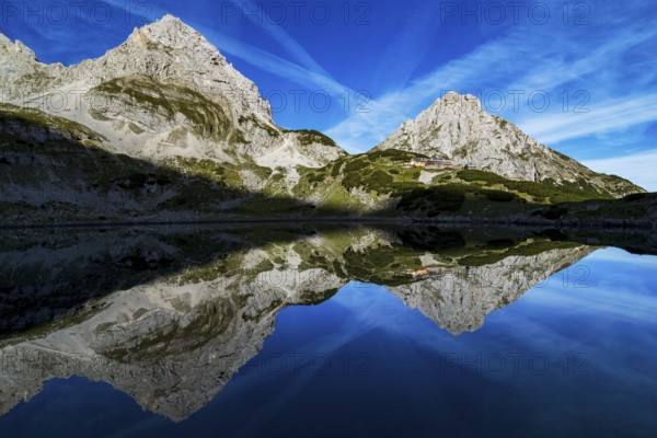 Panorama of the Drachensee, the Coburger Hütte and the Zugspitze in Tyrol, Austria, Alps