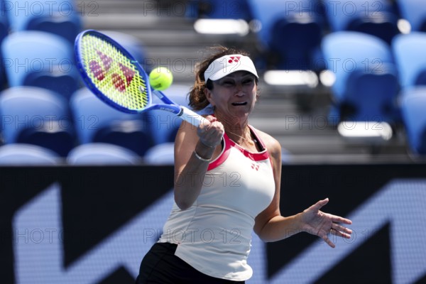 MELBOURNE, AUSTRALIA - JANUARY 10: Iva Majoli of Croatia partners Mansour Bahrami of France in the Legends mixed doubles against Pat Cash and Rennae Stubbs of Australia ahead of the 2025 Australian Open at Melbourne Park on January 10, 2025 in Melbourne, Australia