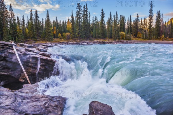 Scenic Athabasca Falls in Jasper National Park. Emerald water roars and foams on steep slope