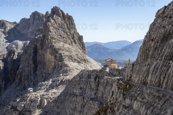 Mountain peaks in the Dolomites Alps. Beautiful nature of Italy. Chalet Pedrotti
