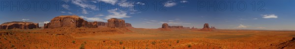 Panorama landscape - Iconic peaks of rock formations in the Navajo Park of Monument Valley in Utah