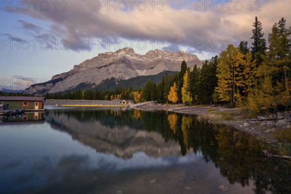 Beautiful autumn landscape scene in lake and mountain in background in west Canada