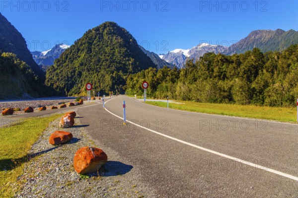 Snowy peaks of rocks are visible in the distance. Wonderful summer day. Great highway among fields, forests and hills. South Island of New Zealand. The concept of active and photo tourism