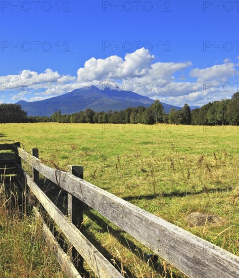 On the horizon the beautiful high mountain is visible. The green grassy rural field fenced with a low strong fence