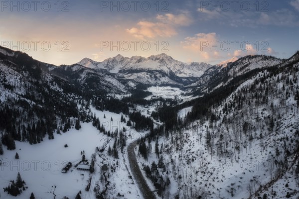 View of the High Tatras from Tatranska Javorina to Javorova valley to Ladovy and Lomnicky peaks
