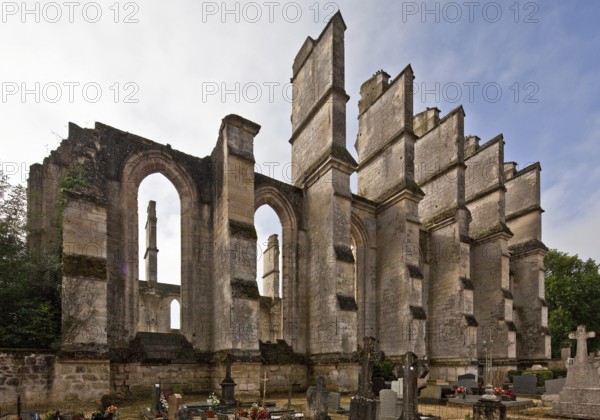 Cistercian church consecrated in 1227, partial view from north-east over the local cemetery, St., Sankt, Saint