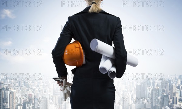 Woman architect standing with construction drawings and hardhat in hands. Back view of contractor on background of modern office buildings. Industrial engineering and construction projects management