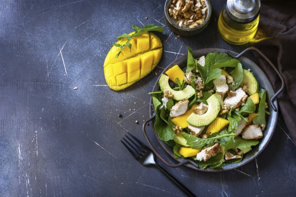 Healthy diet salad with arugula, mango, avocado, chicken grill, walnuts and vinaigrette dressing on a dark stone countertop. Copy space