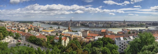 Budapest, Hungary 18.08.2021. Panoramic view of the Danube river and the embankment of Budapest, Hungary, on a sunny summer morning, Budapest, Hungary