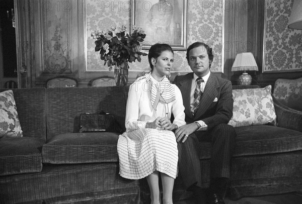 Carl XVI Gustaf and Silvia Sommerlath. Carl XVI Gustaf, King of Sweden. Born 30 april 1946. Picture taken 13 march 1976 on the day after their engagement was officially announced 12 march. The press conference is held in the princess Sibylla room at Stockholms royal castle. The couch has since the event been called the Engagement couch. On the wall behind them hangs a portrait of Gustaf Adolf, the prince who should have been king but was killed in an airplance crash 1947
