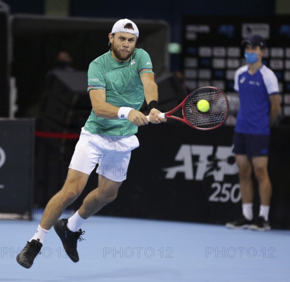 Sofia, Bulgaria - 10 November, 2020: Moldova's Radu Albot in action against Canada's Denis Shapovalov during the ATP 250 Sofia Open, Sofia, Bulgaria